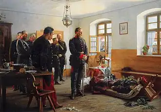 Peinture montrant des officiers se recueillant devant le corps d'un général.