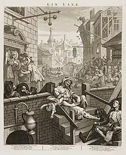 rue encombrée, buveurs à la sortie d'un bar à gin affalés par terre ou sur les marches, au premier plan une femme hébétée laisse échapper de ses genoux son nourrisson, foule alentour hilare ou crispée en des attitudes grotesques
