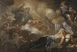 Peinture représentant Dieu, duquel jaillit un rayon de lumière qui vient toucher la tête endormie de Salomon.