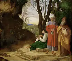 Image d'une peinture représentant trois personnages, deux debout et un assis, regroupés dans la moitié droite du tableau, tandis qu'à gauche domine une falaise sombre. Au centre, entre le décor rocheux et végétal, il y a un paysage lointain, avec un village entouré de verdure, où au loin le soleil vient se coucher parmi les collines perdues au loin.