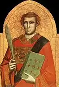 Jeune homme en costume de diacre avec une palme de martyr et un livre