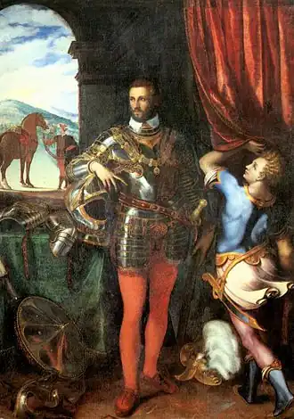 Image en couleur d'un homme en armure au centre