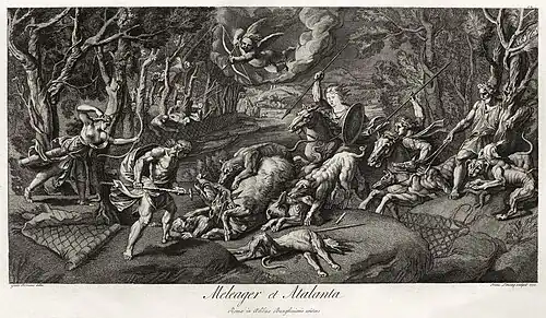 Méléagre et Atalante (1772), gravure d'après Giulio Romano.