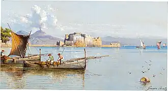 Giuseppe Carelli, Pêcheurs dans le golfe de Naples avec le Vésuve en fond (XIXe siècle).