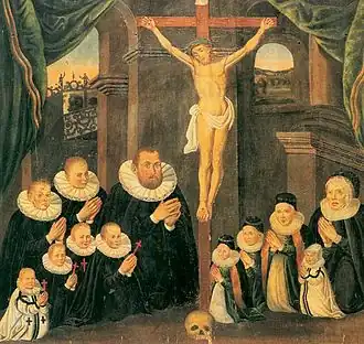 Un verrier prospère et sa famille, 1596. Les cinq enfants portant les croix sont morts; les deux avec des vêtements blancs garnis de noir apparemment avant que la peinture soit faite, sur les autres les croix ont probablement été ajoutées plus tard.