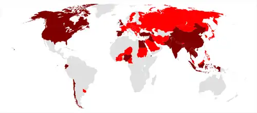 Pays touchés par le virus H5N1