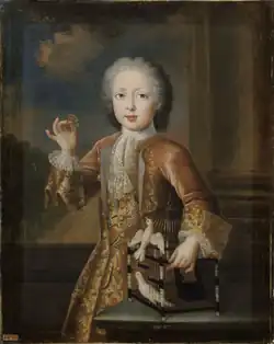 Charles Alexandre avec une cage à oiseaux et 2 oiseaux (peut-être des pigeons).