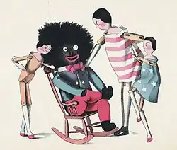Le personnage du Golliwog assis sur un fauteuil à bascule, entouré de trois poupées en bois.