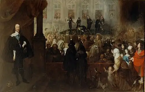 Exécution de Charles Ier d'Angleterre de Gonzales Coques, réalisé vers 1650, H. 1,37&nbsp;m ; L. 2,15&nbsp;m, Musée de Picardie d'Amiens