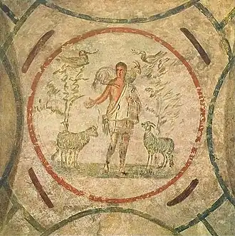 Le Bon Pasteur (IIIe siècle), catacombe de Priscille, Rome.