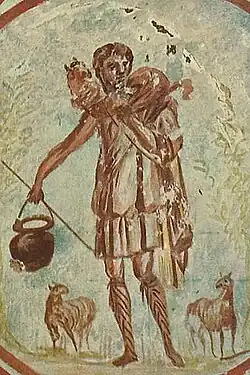 Le Bon Pasteur (milieu du IIIe siècle), catacombe de Saint-Calixte, Rome.