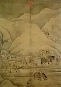 La chasse aux oies sauvages, anonyme fin XIIIe-début XIVe, encre et peinture sur soie, 131,8&nbsp;×&nbsp;93,9&nbsp;cm. National Palace Museum, Taipei. L'homme sur le cheval noir ressemble à Témur Khan (1295-1307)