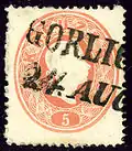 5 kr vermillon, oblitération linéaire de Gorlice, Pologne