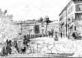 Lithographie de 1860 montrant la synagogue au bord de l'eau