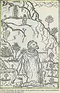 Gravure du XVIe&nbsp;siècle des apparitions de la Vierge, sans la couronne