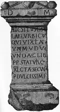 Dessin de la pierre tombale contenant la plus vieille mention écrite de Zurich sous l'appellation, « STA(TIONIS) TURICEN(SIS) », IIe&nbsp;siècle ap. J.-C., l'original conservé au Musée national suisse.