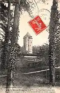 Grand-Fougeray ː la Tour Du Guesclin vue à travers les bois au début du XXe siècle (carte postale).