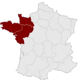 Le Grand Ouest français selon la zone de diffusion du quotidien Ouest-France et des chercheurs de l'Université de Caen.