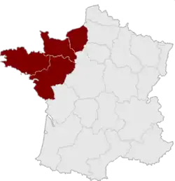Le Grand Ouest français selon la coopération inter-régionale des concours de la fonction publique territoriale et le politologue et géographe Michel Bussi.