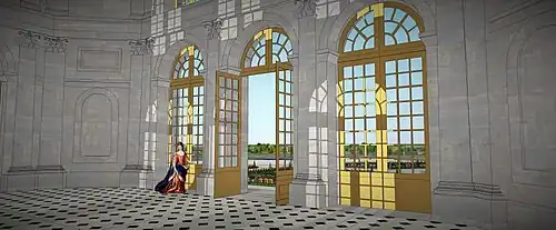 Schéma de l'intérieur du grand salon à l'italienne du château de Saint-Ouen, au XVIIe siècle. (voir aussi le clip vidéo 3D)
