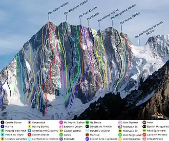 Paroi rocheuse verticale partiellement couverte de neige avec le tracé en couleur de trente voies d'ascension différentes