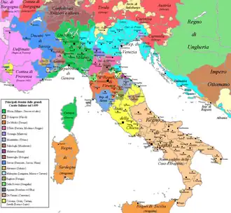 L'Italie en 1499. L'union de la république de Florence et de la République voisine de Sienne formera le grand-duché de Toscane.