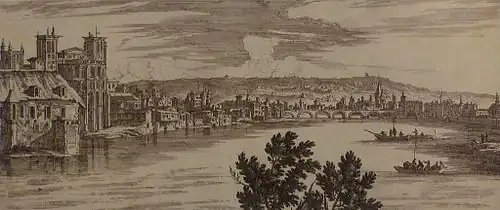 Gravure monochrome représentant la ville de Lyon de part et d'autre de la Saône. De nombreux bâtiments donnent directement sur la rivière, sans talus, digue ni servitude de passage.