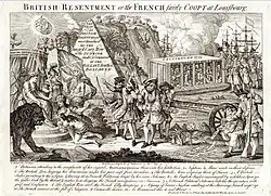 Gravure de propagande contre Louisbourg et le Canada francais (1755) d'après un dessin de Boitard.