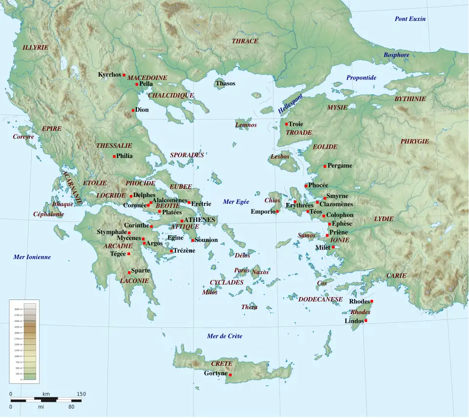 Carte de la Grèce antique avec localisation des principaux sanctuaires d'Athéna et autres sites et régions mentionnés dans l'article.