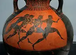 Coureurs participant au concours des Panathénées, vase, v. 530 av. J.-C. Staatliche Antikensammlungen.