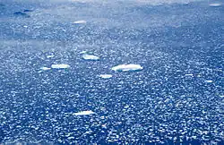 Photographie aérienne et en couleurs de blocs d'iceberg morcelés dérivant sur la surface d'une mer.