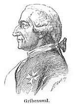 Dessin en noir et blanc d'un homme de profil portant une perruque de la fin du XVIIIe siècle. Il arbore l'ordre de Saint-Louis sur son uniforme.