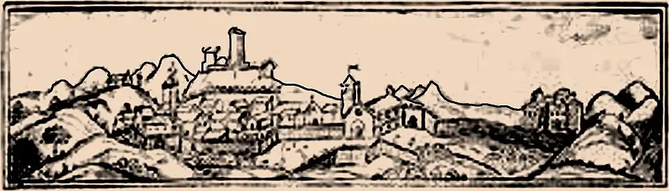 Malaucène et le monastère du Groseau, gravure du XVIe&nbsp;siècle