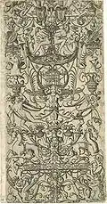 Grotesques publiés par Antonio de Salamanca, ca. 1500-1512. Ils figurent parmi les premières illustrations de la Domus Aurea produites par l'imprimerie. Cependant, ce modèle semble provenir d'un dessin de Pinturicchio.