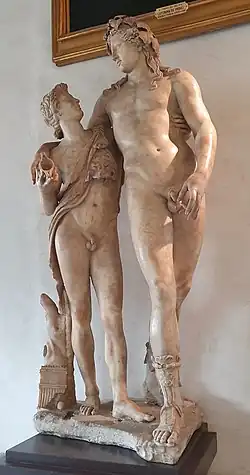 Bacchus et un satyre, parfois identifié comme Ampélos(en) Francesco Lumachi, Florence: A new illustrated guide, historical artistic, anecdotical of the city and its surroundings, Società Editrice Fiorentina, 1935 (lire en ligne), p. 664. (Florence, musée des Offices).