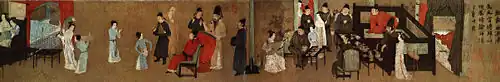 Les divertissements nocturnes de Han Xizai, copie Song d'une peinture de Gu Hongzhong, vers 970, Tang méridionaux 937-975, rouleau portatif: partie droite, encre et couleurs sur soie, 28,7 × 335,5&nbsp;cm ensemble, Musée du palais Beijing