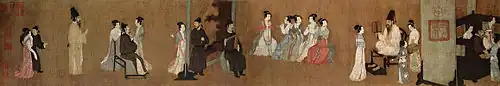 Les divertissements nocturnes de Han Xizai, copie Song d'une peinture de Gu Hongzhong, vers 970, Tang méridionaux 937-975, rouleau portatif: partie gauche, encre et couleurs sur soie, 28,7x335,5 cm ensemble, Musée du palais, Beijing.
