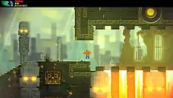 Capture d'écran en couleurs d'une scène de jeu dans laquelle un personnage minuscule par rapport à l'étendue du décor se déplace entre différentes trappes et dangers placés au sol.