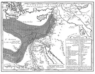 Carte minéralogique sur la nature du terrein d'une partie de l'Orient et particulièrement de l'Égypte, de la Palestine et de la Syrie, illustrant le Mémoire sur les Granits de France, comparés à ceux d'Égypte par Guettard.