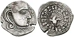 Tête d'argent de Skandagupta, paon au revers, 455-467