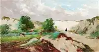 Troupeau de vaches au pâturage avec une gardienne.