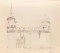 Esquisse du mur d'enceinte en l'état qu'il était avant sa restauration du XIXe&nbsp;siècle. Dessin d'Hippolyte Destailleur, BNF.