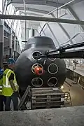 Torpille type 613 chargée dans le HMS Neptun à l’intérieur du musée, le 31 juillet 2013.