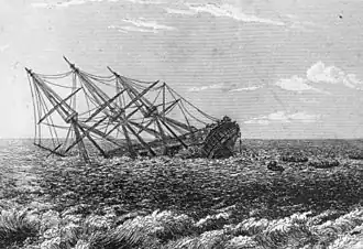 Gravure d'un trois mats coulant par l'avant tandis que des chaloupes s'éloignent vers l'arrière.