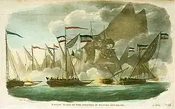 Aquarelle représentant une bataille navale : trois petits vaisseaux entourent un navire plus gros émergeant de la fumée des canons.