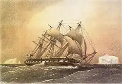 Peinture d'un bateau à trois mâts naviguant dans l'océan.