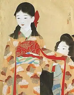 Peinture représentant une jeune fille en Kimono, habillée par sa mère.