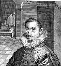 Gravure : un homme en fraise, un orgue positif au fond