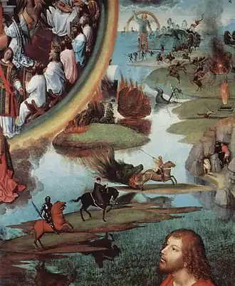Trois des quatre cavaliers, chacun sur son île ; au-dessus, la chute des étoiles et du feu.