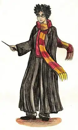 Une représentation de Harry Potter à l'aquarelle et au fusain.